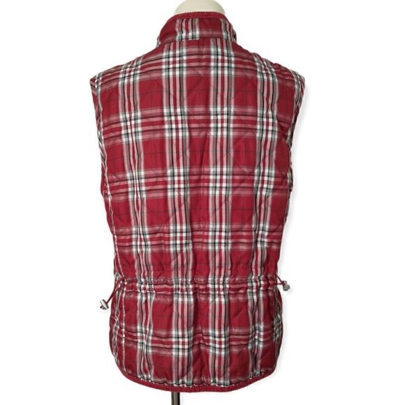 Buffalo Plaid Puffy Vest Quilted Red Pockets Cinched Medium Outdoors Academia - Picture 7 of 16
